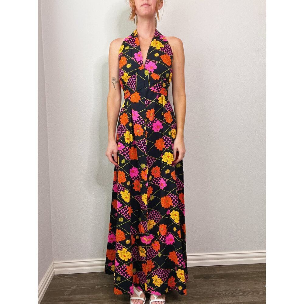 Vintage 1960's Black Floral Halter Maxi Dress